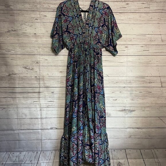 Indian Silk Maxi Dress with Kimono Sleeves, Size Medium - Picture 1 of 12